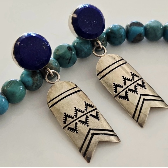 Native American Lapis and Silver Blue Dangle Earrings - Picture 2 of 4